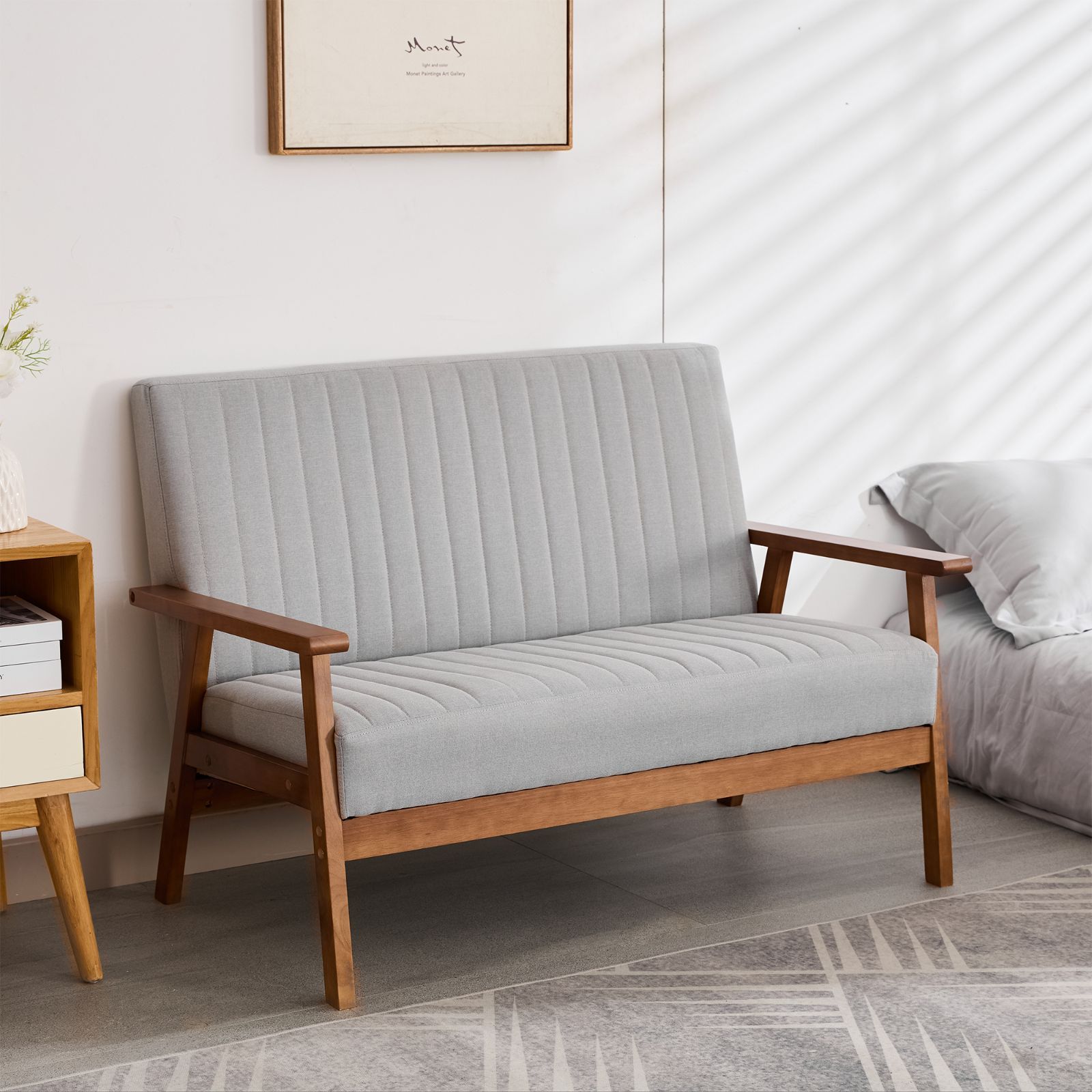 VECELO ソファー 2人掛け 幅112cm 肘掛け おしゃれ 組立簡単 一人暮らし ファブリック コンパクト 木脚 2人掛けソファー 2人用 グレー