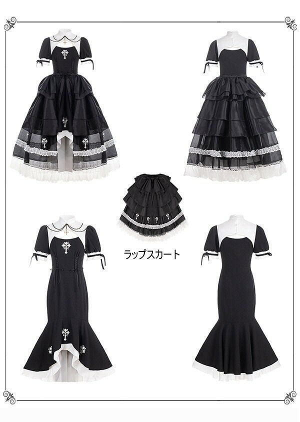 ロリータ ゴスロリ 黒 十字架柄 ワンピース Aライン Lolita 聖十字 ゴシック調 シスターコス マーメイドライン ラップスカート パフスリーブ レース フリル 半袖 ロココ ミモレ丈 レディース コスチューム 仮装 ハロウィン衣装 戦士コスチューム