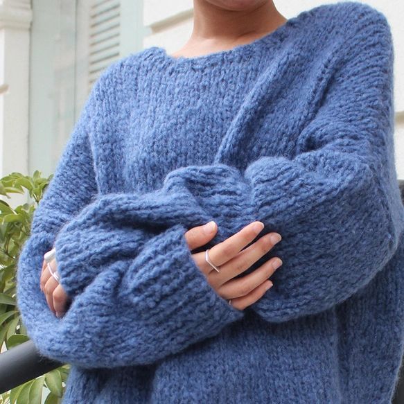 ご注文期待 致します! つつむ 手編みモヘア ショートセーター ブルー 30日間返品交換可能！