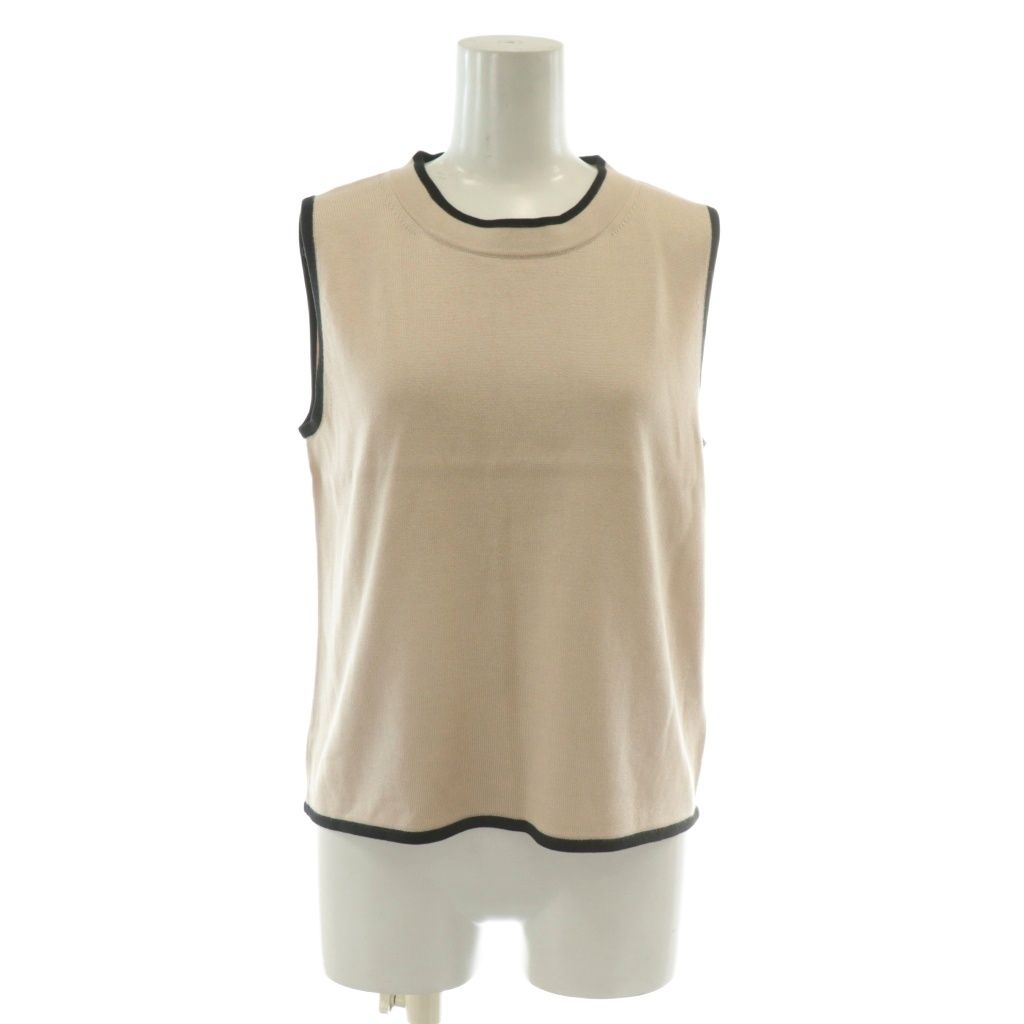 フォクシーニューヨーク FOXEY NEW YORK ベスト ニット ノースリーブ 絹 シルク クルーネック ロゴ 刺繍 40 M ベージュ 黒 ブラック 41257-MAKOA114TK XZ GY18