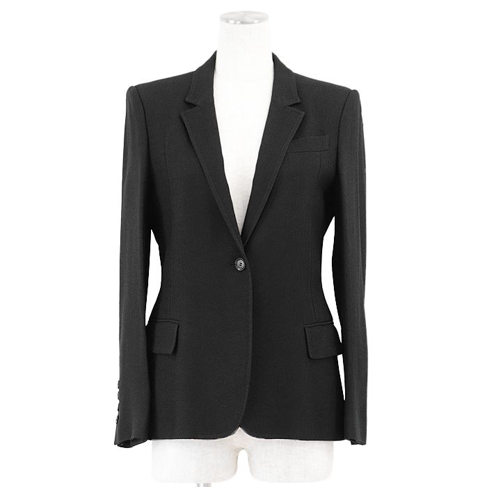 GUCCI グッチ テーラードジャケット ノッチドラペル 1B 開き見せ クレープ レーヨン ストレッチライニング シグネチャー ロゴ ボタン アウター レディース サイズ 40 ブラック 黒 イタリア製