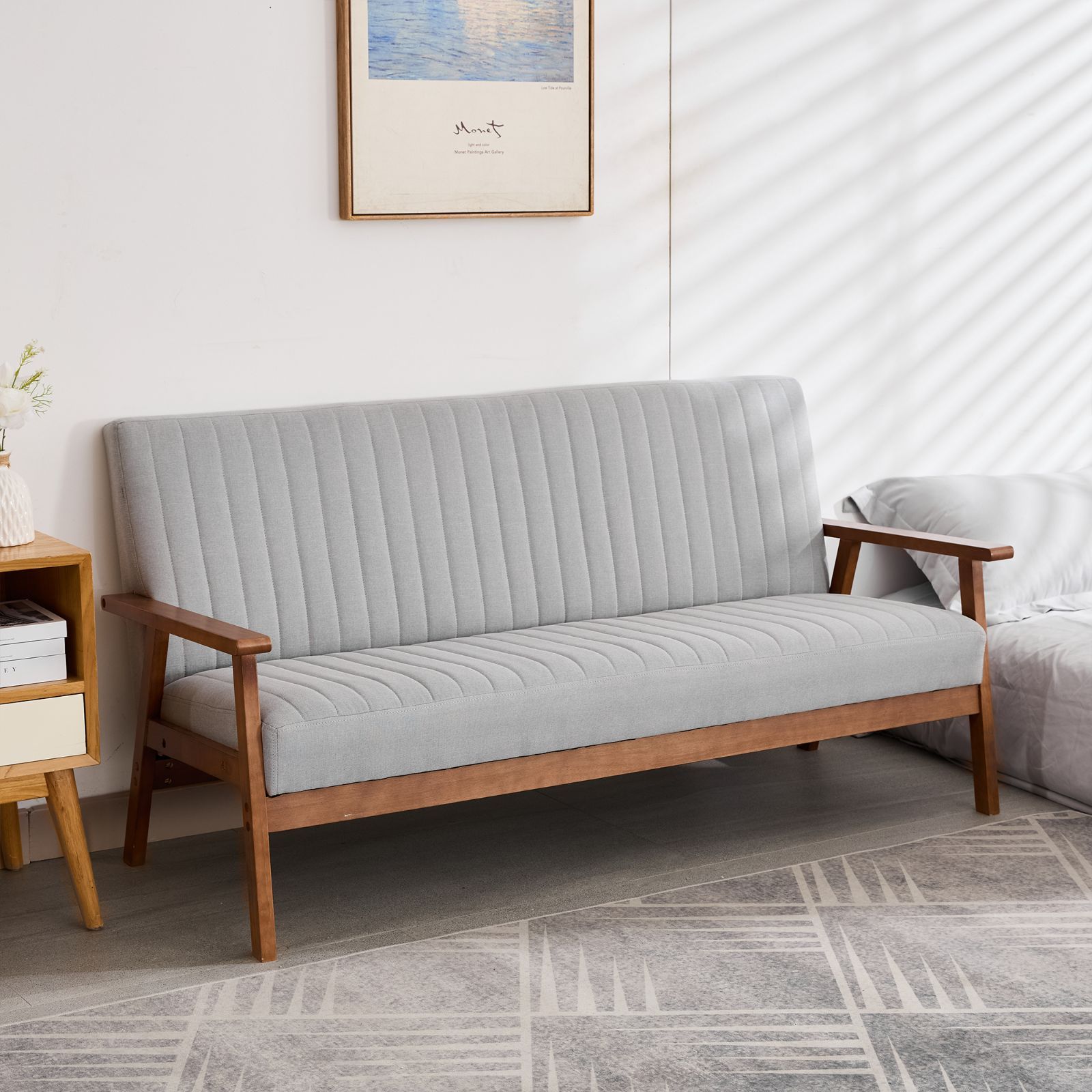 VECELO ソファー 3人掛け 幅155cm 肘掛け おしゃれ 組立簡単 ファブリック コンパクト 木脚 3人掛けソファー 3人用 グレー