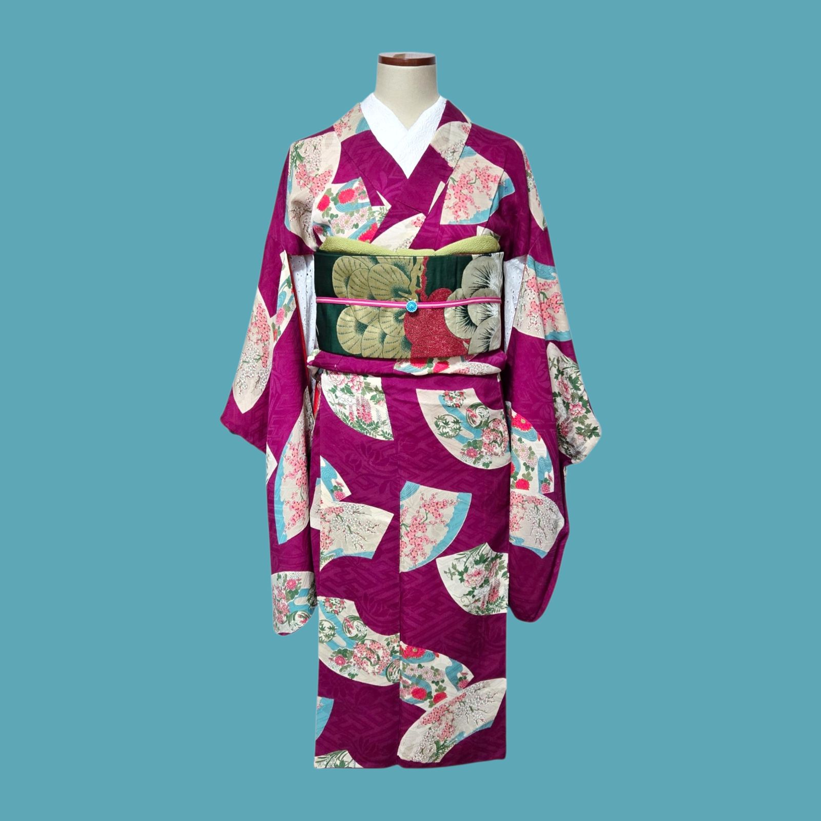 花扇 梅 牡丹 松 アンティーク着物 名古屋帯