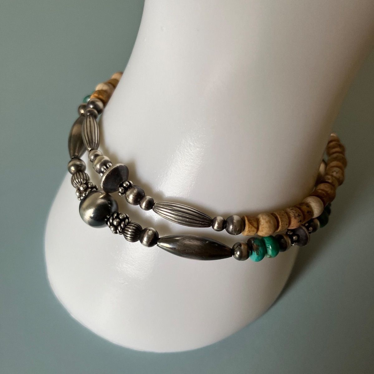 silver925ナバホパール×ジャスパーのブレスレット メンズ 19.5cm nav