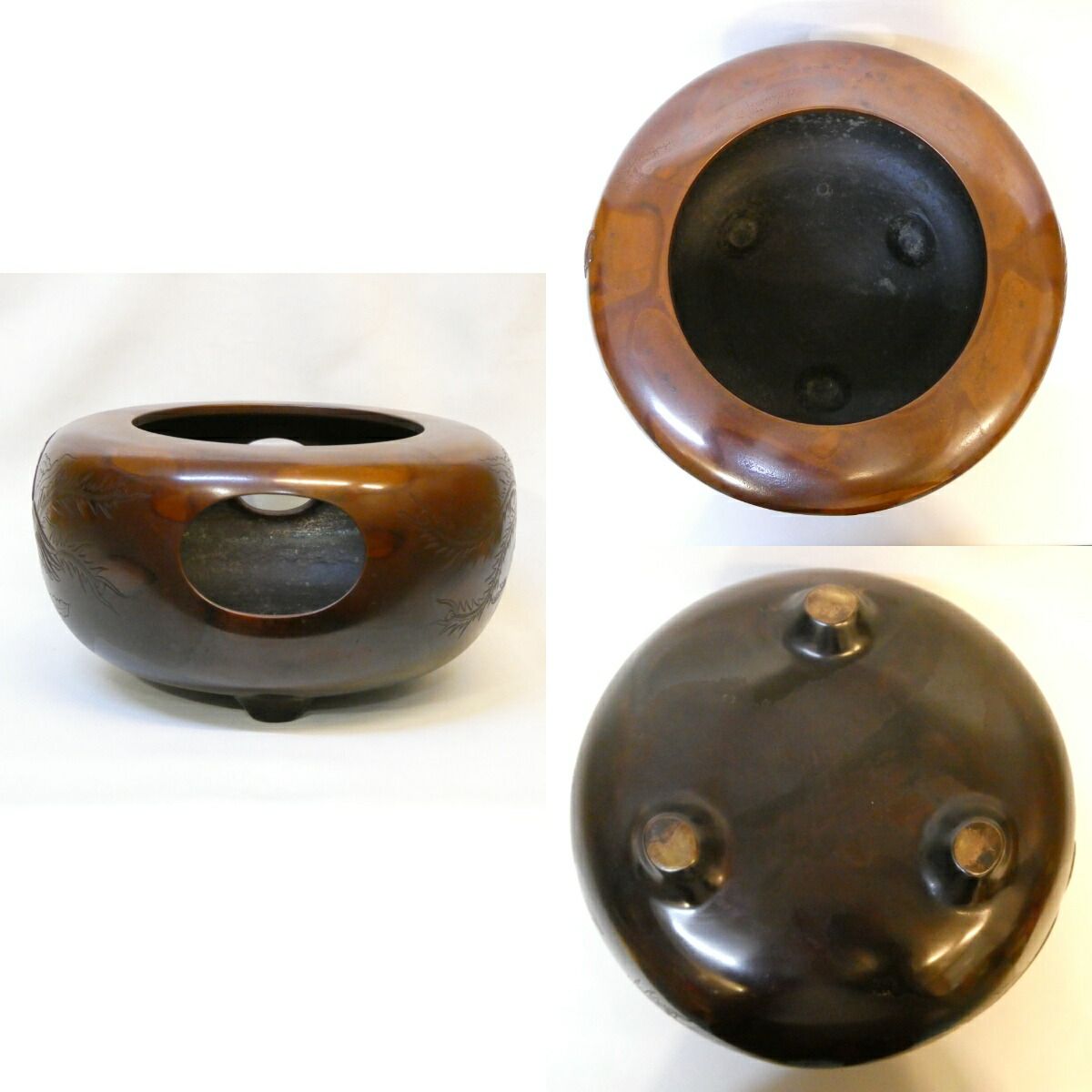 十一月の特売品】浪花釜師 大國藤兵衛作 本焼 唐銅鳳凰風炉 累坐文富士