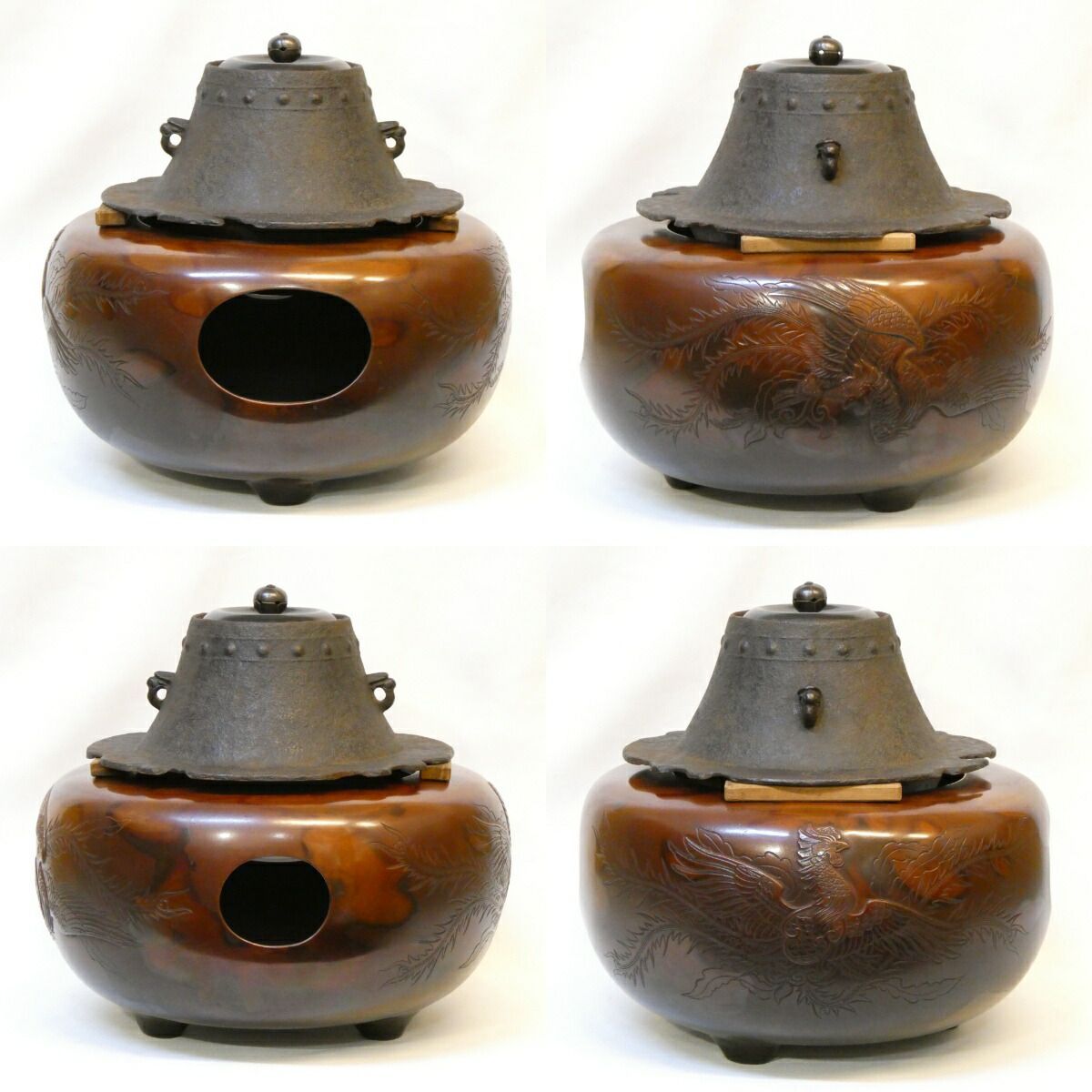 十一月の特売品】浪花釜師 大國藤兵衛作 本焼 唐銅鳳凰風炉 累坐文富士