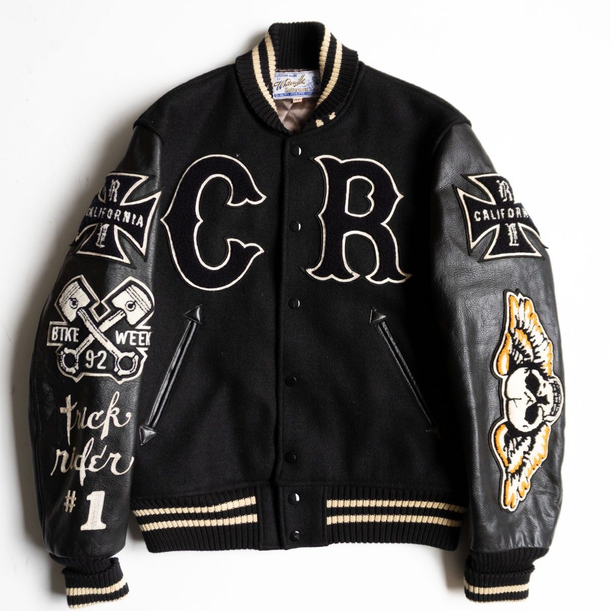 雰囲気抜群】WHITESVILLE【フルデコ レザースリーブ スタジャン】40