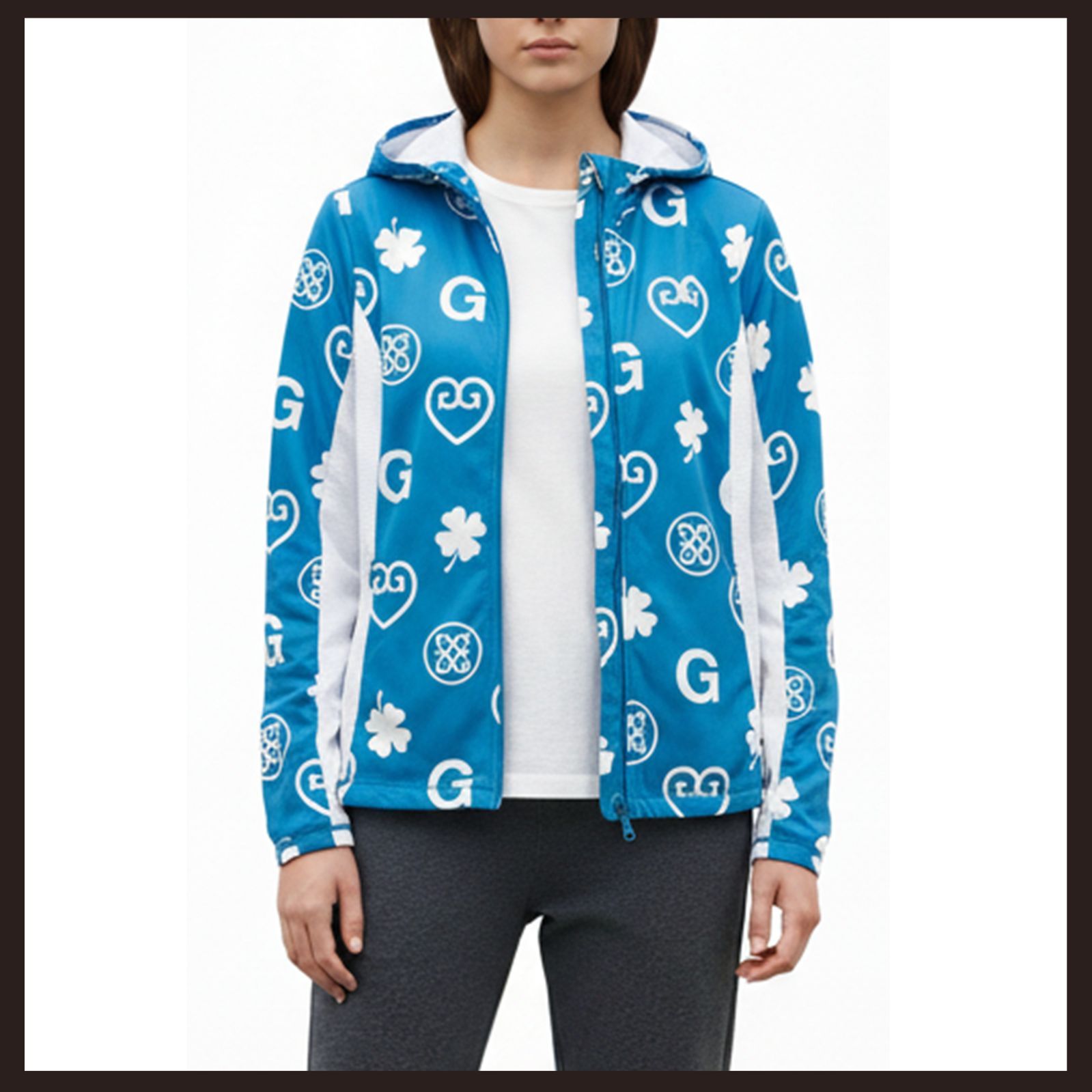 訳有 G FORE ジーフォア MU TECH 総柄プリントパーカー 36 ブルー