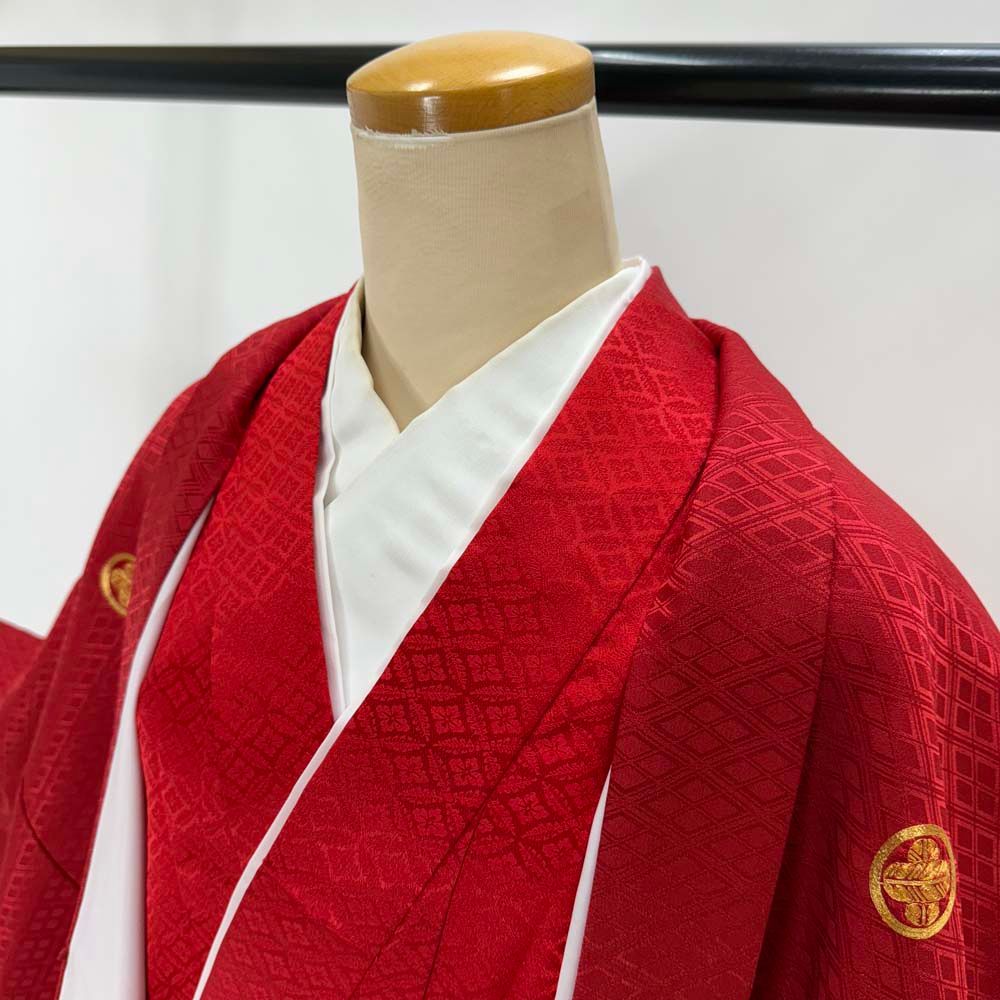 男紋付 男着物 紋付 ポリエステル 羽織 長着 裄72 5 cm M L size 赤 五つ紋 成人式 舞台衣装 4907