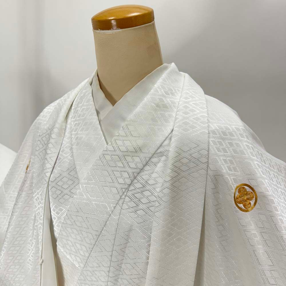 男紋付 男着物 紋付 ポリエステル 羽織 長着 裄74 2 cm L size 白 五つ紋 成人式 舞台衣装 4908