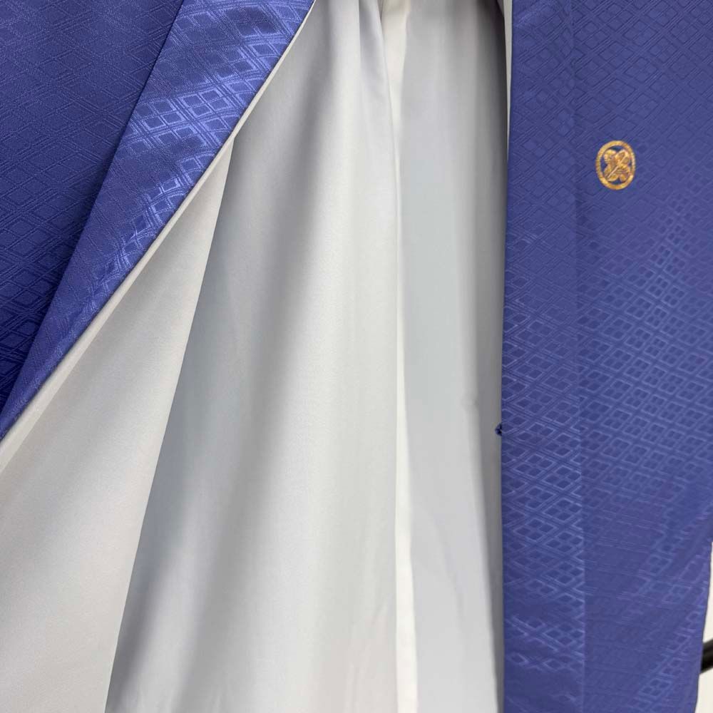 男紋付 男着物 紋付 ポリエステル 羽織 長着 裄76.5cm 2L-3L size 紫 五つ紋 中古 成人式 舞台衣装  4910 男紋付 男着物 紋付 ポリエステル 羽織 長着 裄76.5cm 2L-3L size 紫