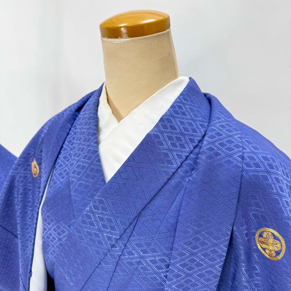 男紋付 男着物 紋付 ポリエステル 羽織 長着 裄76 5 cm 2 L 3 size 紫 五つ紋 成人式 舞台衣装 4910