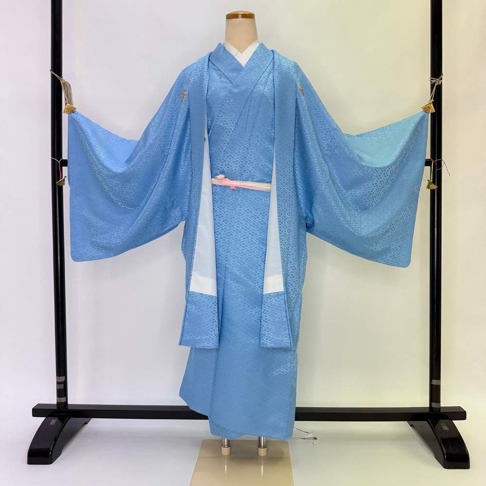 男紋付 男着物 紋付 ポリエステル 羽織 長着 裄76.5cm 2L-3L size 水色 五つ紋 成人式 舞台衣装 4912