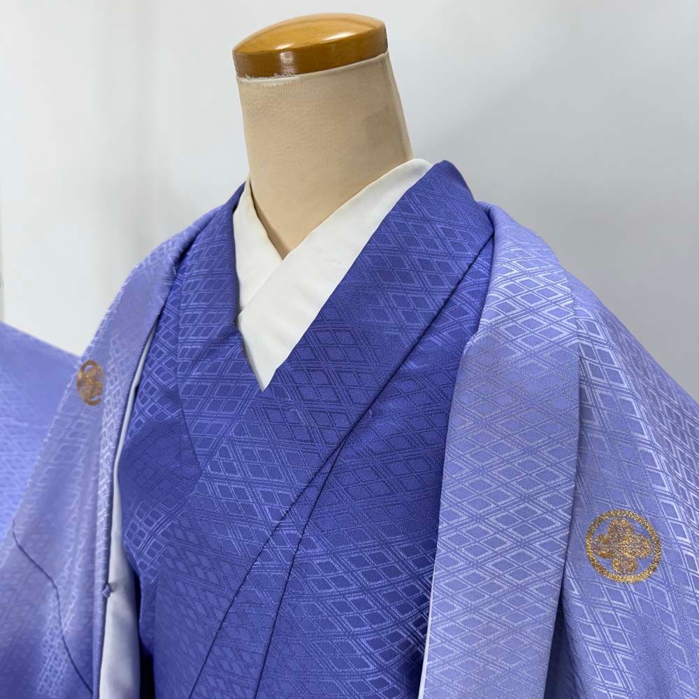 男紋付 男着物 紋付 ポリエステル 羽織 長着 裄76 5 cm 2 L 3 size 紫 ぼかし 五つ紋 成人式 舞台衣装 4913