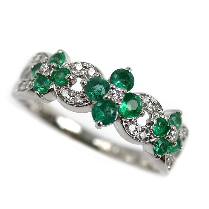 Pt900プラチナ フラワーモチーフ リング 指輪 エメラルド0.40ct ダイヤモンド0.15ct 15号 4.8g レディース