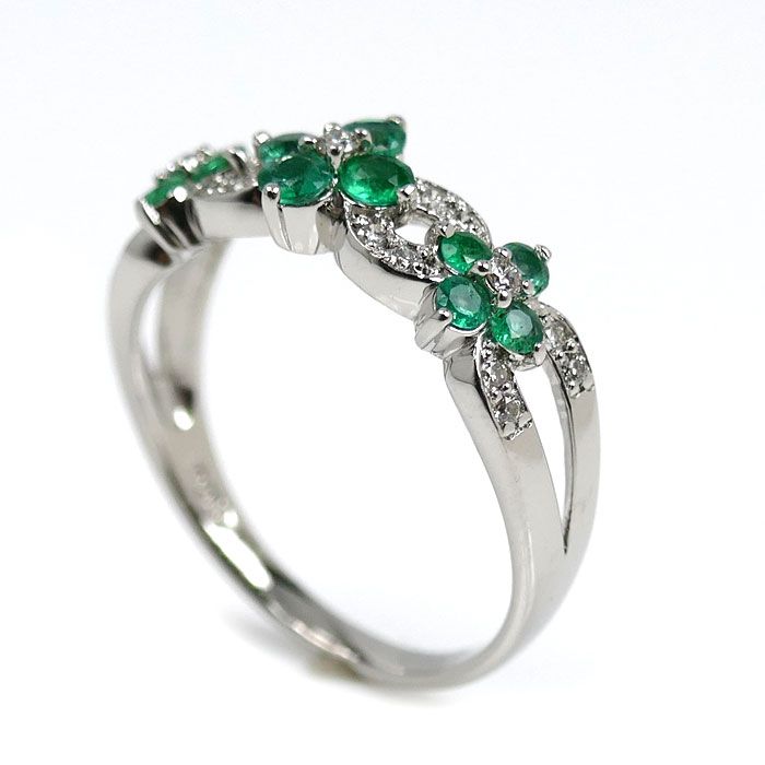 Pt 900プラチナ フラワーモチーフ リング 指輪 エメラルド0.40 ct ダイヤモンド0.15 15号 4.8 g レディース