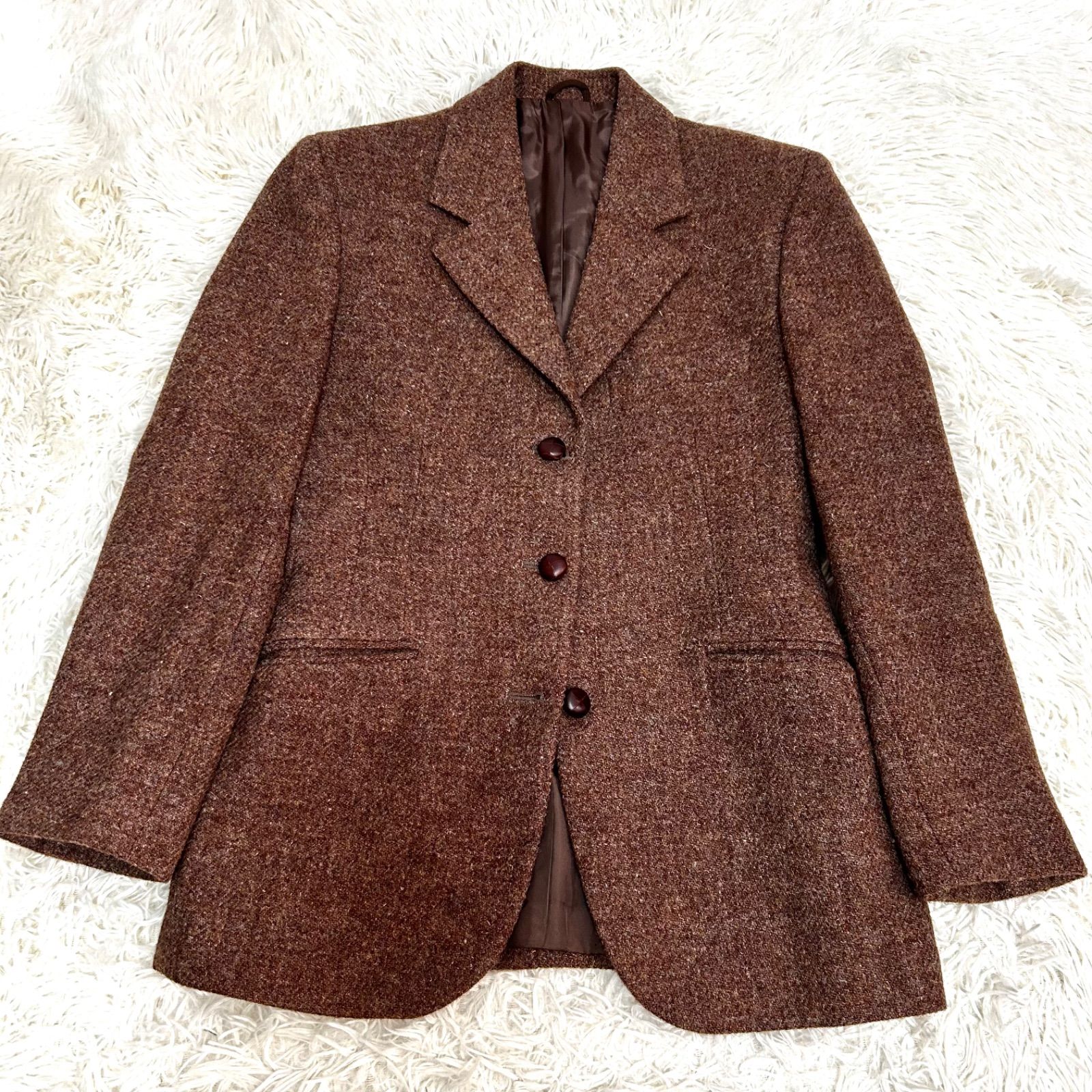 【美品】ハリスツイード テーラードジャケット ブラウン L相当 美品 ハリスツイード VALENTINI テーラードジャケット 3ボタン スリー