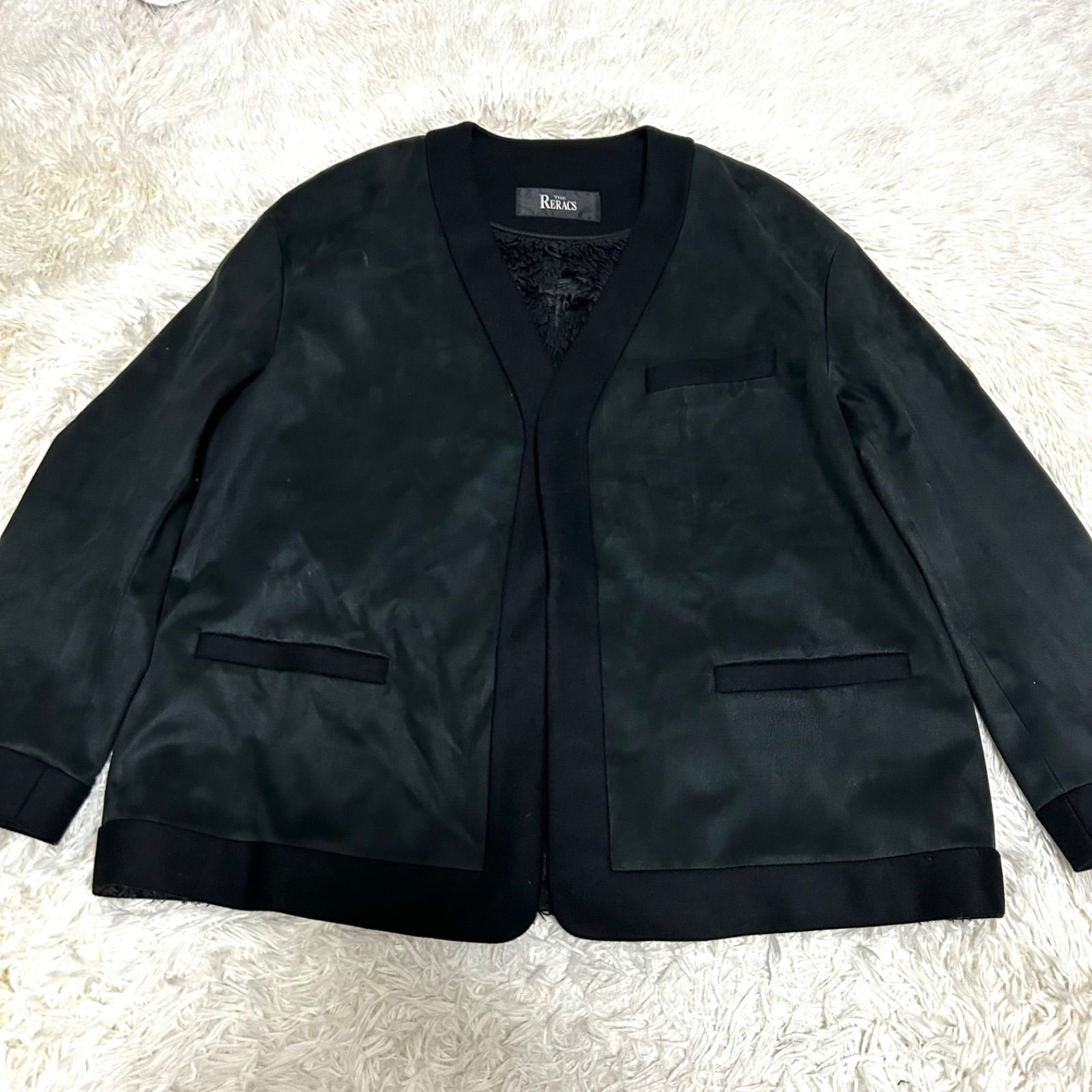 THE RERACS ブラック ノーカラージャケット THE RERACS ザ リラクス ノーカラー ボアジャケット ブルゾン ブラック