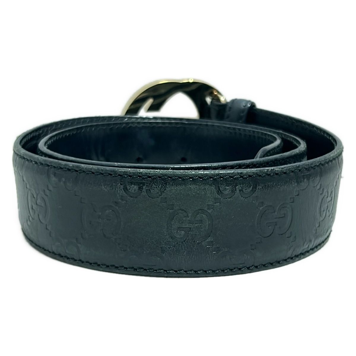 GUCCI グッチ ベルト - 114876 黒×ゴールド シマライン インターロッキングG レザー