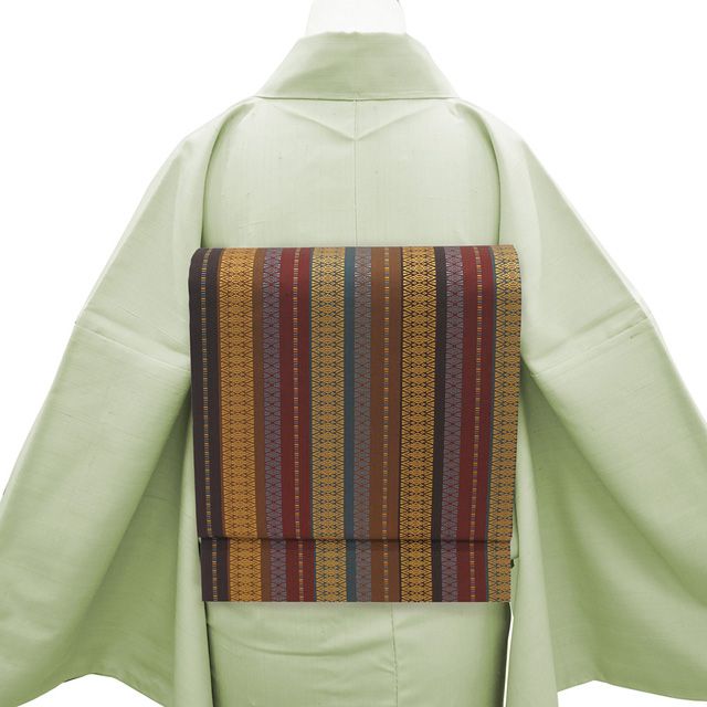 名古屋帯 本場筑前博多織 正絹 全通 博多織 博多帯 茶色 こげ茶 ボルドー 黄茶色 ブルーグレー 縞 献上縞 カジュアル 春 秋 冬 上質 なごや帯 九寸名古屋帯 仕立て上がり みやがわ sb 54745