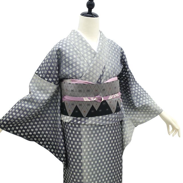 中古】 御召 着物 リサイクル 正絹 お召 袷 先染め グレー ぼかし