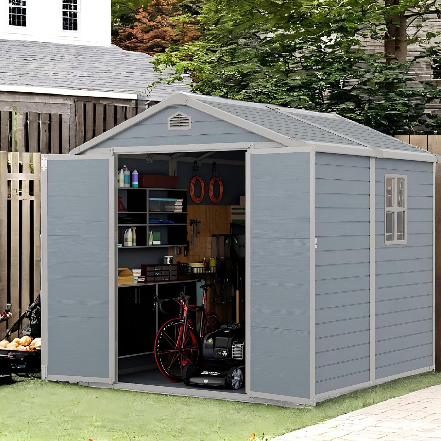 予約先行販売中 11-17入荷 大型 屋外収納庫 樹脂製 幅190×奥行243×高さ210cm 窓付き 床付き 防水防錆 UVカット加工｜頑丈で大容量のガーデンハウス 物置 屋外収納小屋