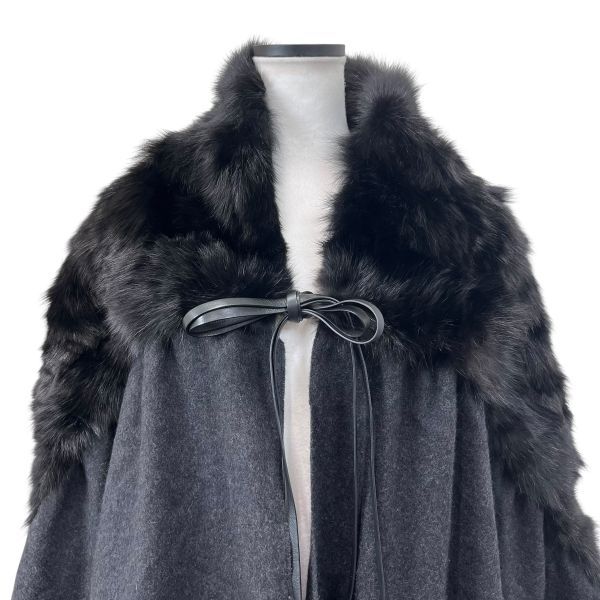 フェンディ FENDI ショール 大判 羽織り アウター 黒 グレー カシミア 毛皮 ロシアンセーブル 紫貂 羊革 レディース S 5 X 309