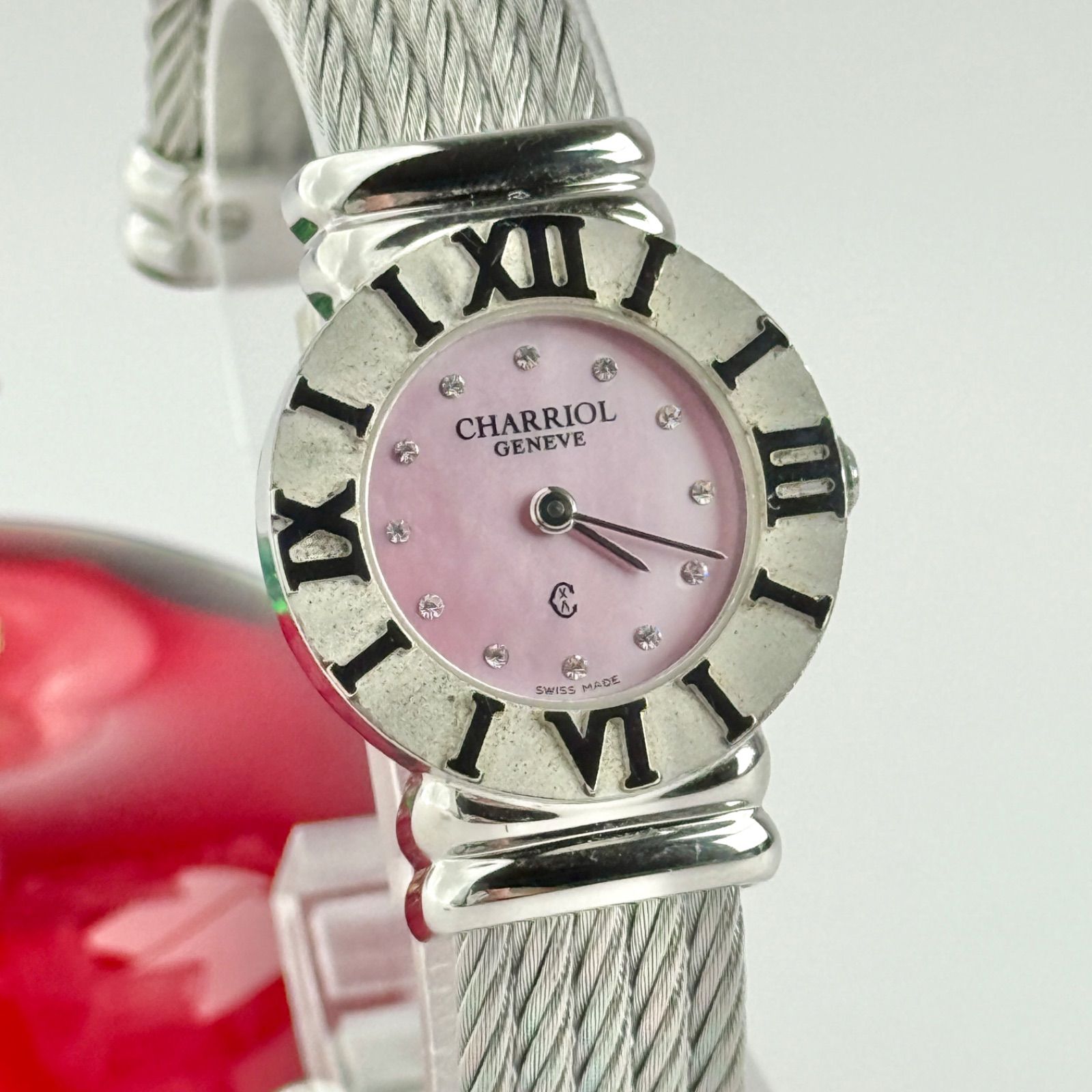 PHILIPPE CHARRIOL 12pダイヤ　レディース腕時計 シャリオール 12Pダイヤ ピンクシェル バングル 新品電池 レディース