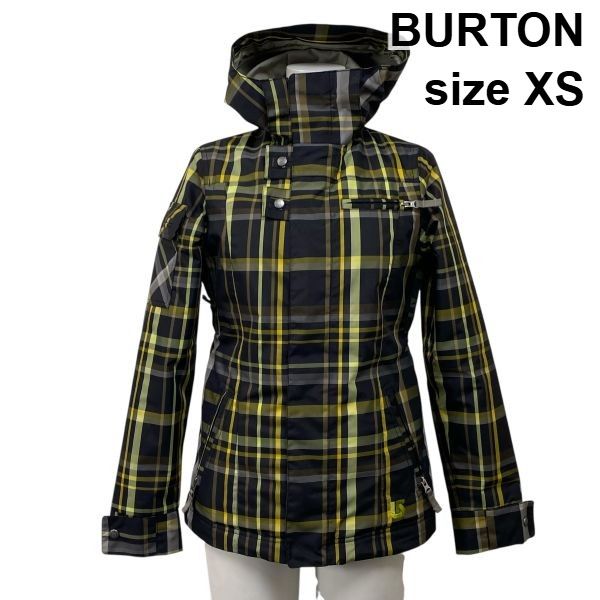 バートン BURTON スノーボードジャケット 長袖 フード チェック柄 防水 透湿 中わた 黄色 黒 XS 5号 レディース S5X286