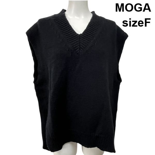 モガ MOGA ニットベスト Vネック サイドスリット オーバーサイズ 重ね着 着回し ネイビー 濃紺 毛 F M~L 9号~11号 レディース S5X273