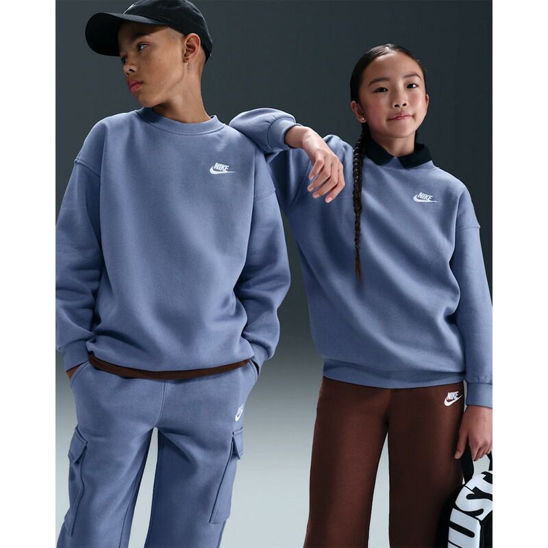 ナイキ 長袖 トレーナー キッズ ジュニア NIKE クラブ フリース オーバーサイズ スウェットシャツ 裏起毛 ブルー 青 140-160cm 子供服 スポーツウェア スエット 裏フリース 子ども スポーティ キッズウエア/FD2923-499