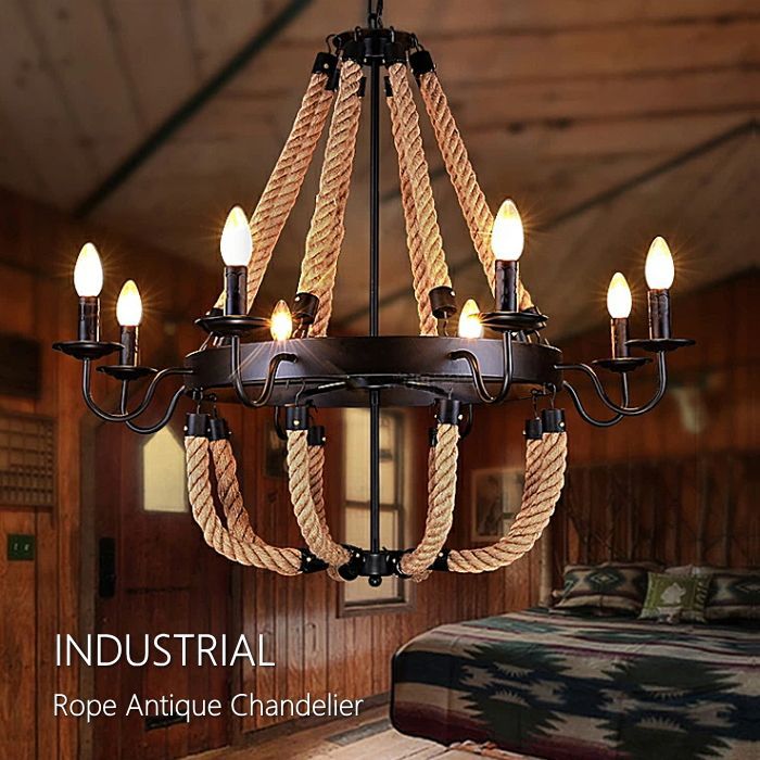 インダストリアル ロープアンティーク シャンデリア 8灯タイプ ペンダントライト 天井照明 リプロダクト 照明 ライト ランプ 天井吊り下げ灯 北欧 おしゃれ マットブラック