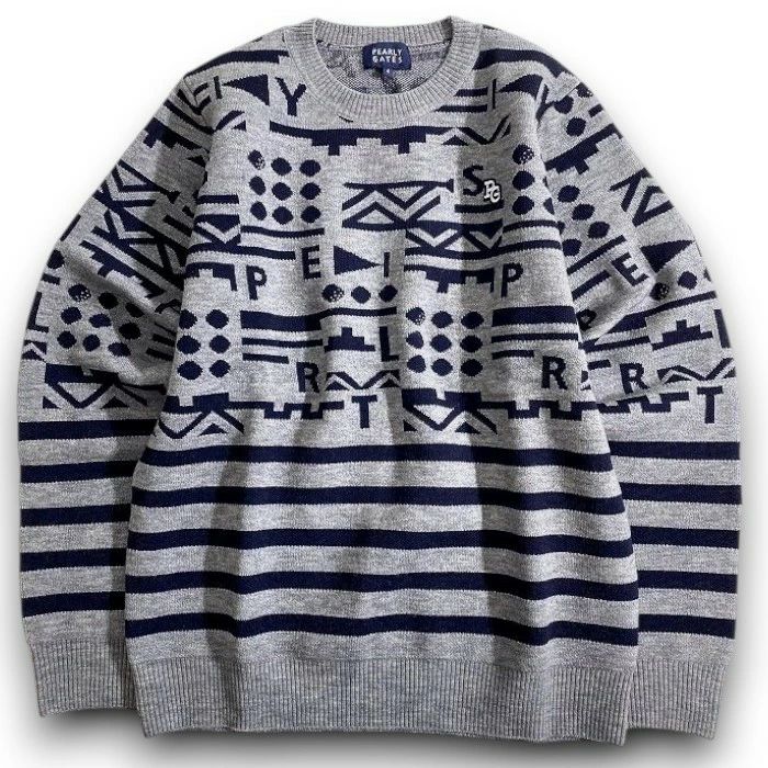 パーリーゲイツ ゴルフ 12 G天竺 ウール混ジャガード WJQ ナバホ×ボーダー柄 クルーネック 長袖 ニットプルオーバー セーター ゴルフウェア 053-2270109 定価3.7万 グレー ダークネイビー 041 51111 w 11