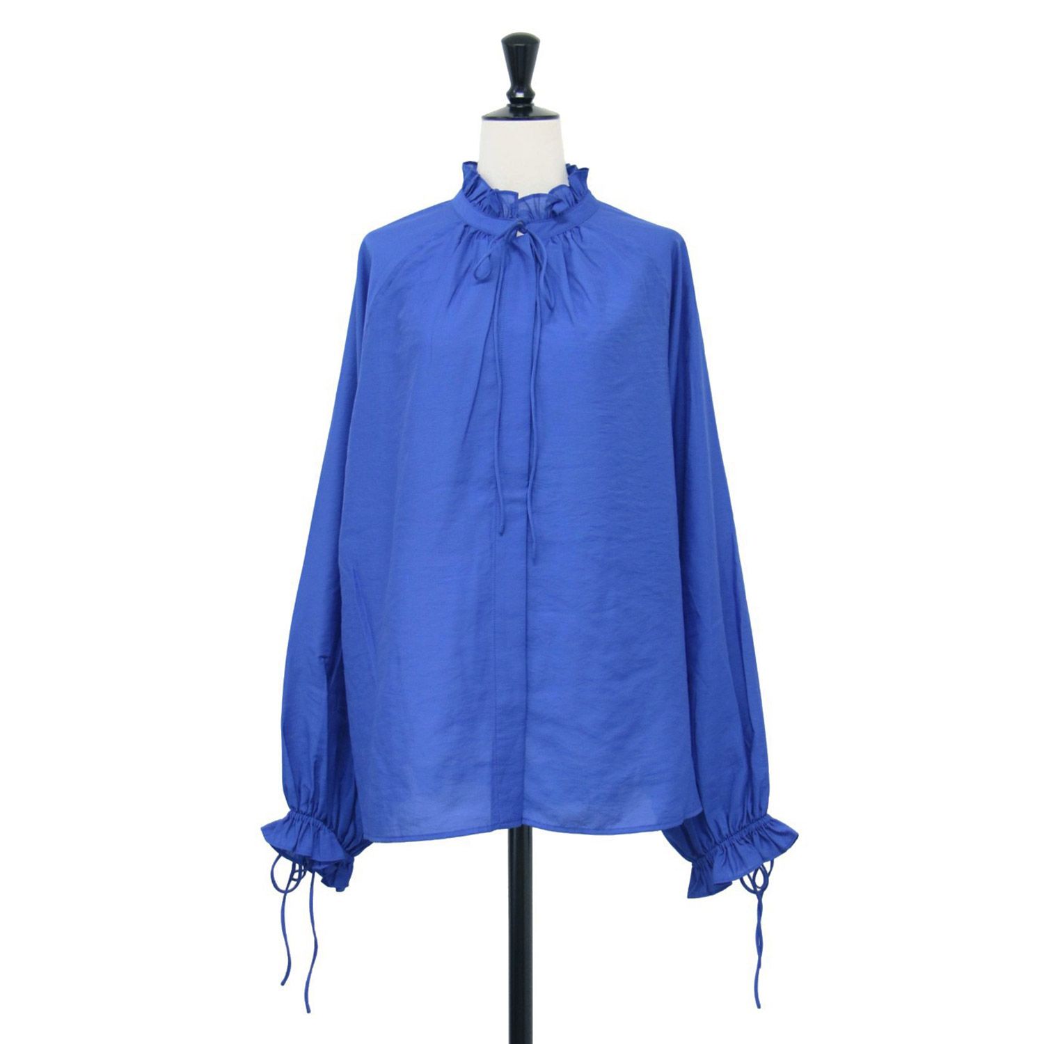 Spick Span スピックアンドスパン ブラウス ブルー サイズ 24秋冬 ハイブリット フリル リボンブラウス ハイネック Aライン スリット ギャザー リボンディテール トップス シャツ 長袖 レディース
