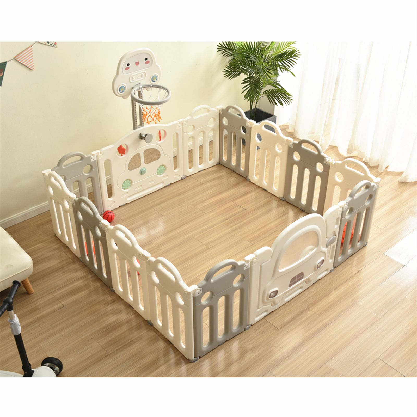 「新入荷」全新品 ベビーサークル 折りたたみ 14枚セット 163*163cm 変形可能 扉付き バスケットゴール付き おもちゃパネル ベビーゲート ベビーフェンス プレイヤード 簡単組立 柵 キッズ 1年保証付き