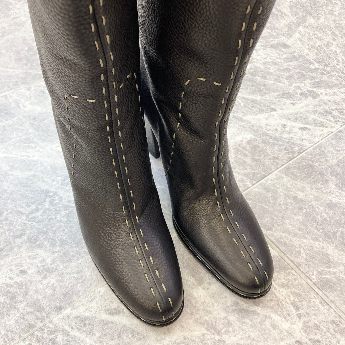  FENDI フェンディ セレリア レザー ステッチ ロングブーツ 37 レディース ブラック ブーツ 靴