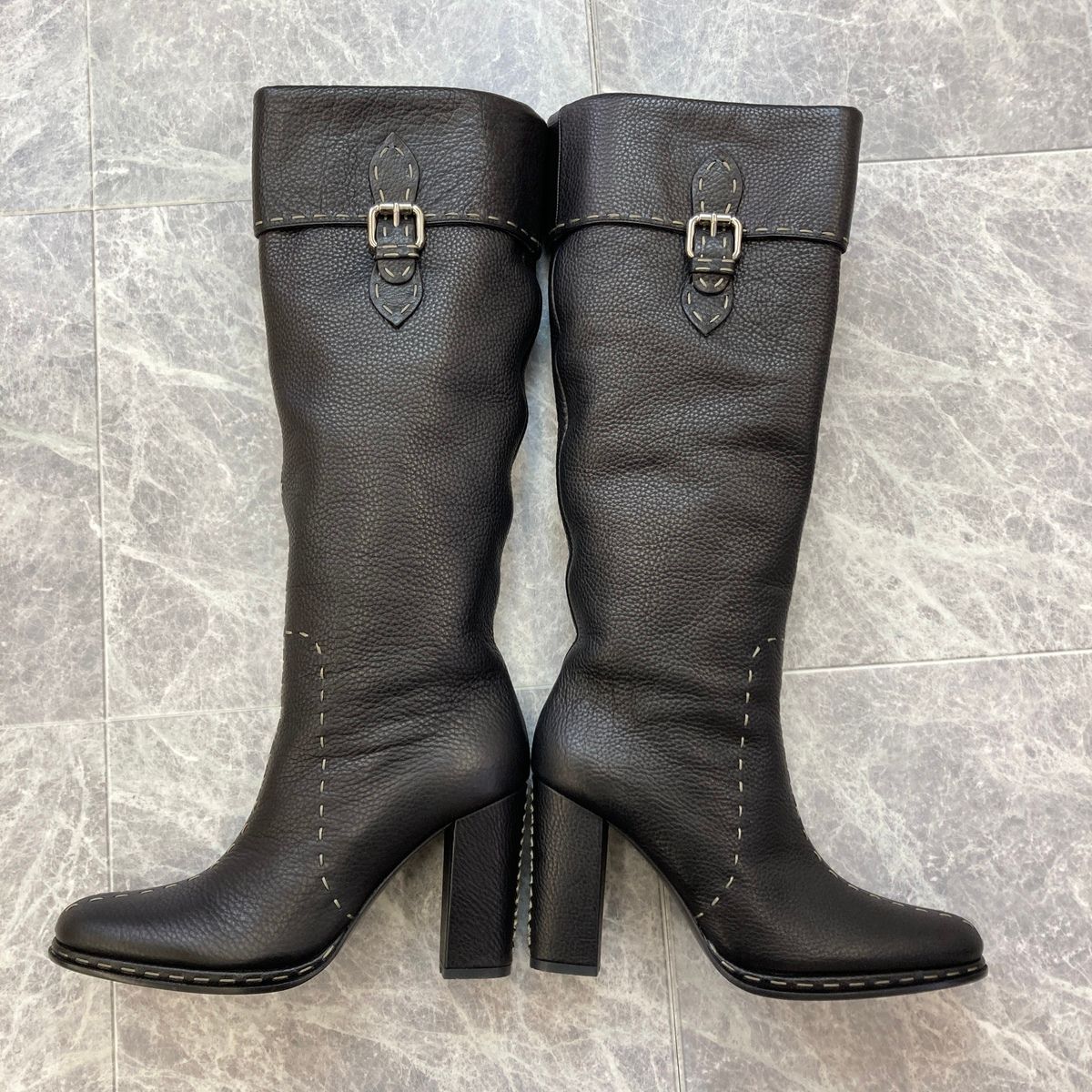 FENDI フェンディ セレリア レザー ステッチ ロングブーツ 37 レディース ブラック