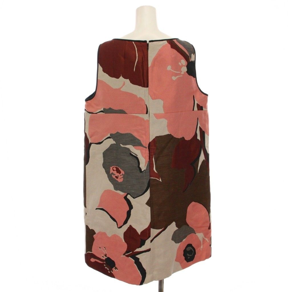 ポールカ PAULE KA ワンピース ミニ 花柄 ノースリーブ リネン混 46 茶 ピンクベージュ グレージュ YM