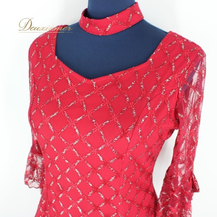 社交ダンス 衣装 ドレス ワンピース パーティ衣装 女性用 オールシーズン 赤 レッド系 prima boutique プリマブティック チョーカー 繊細なレース シック 袖口 リボン デザイン フェミニン コスチューム ダンス衣装 おしゃれ