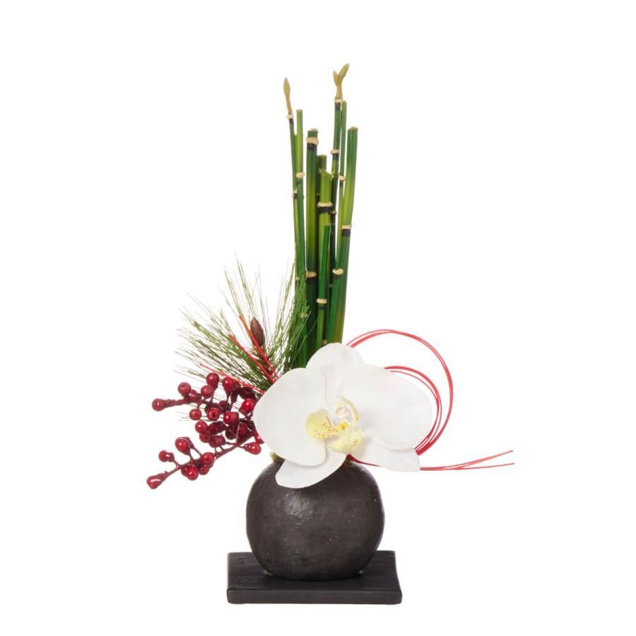 フェイクグリーン 胡蝶蘭 檜炭ボール 黒皿 造花 フラワーアレンジメント