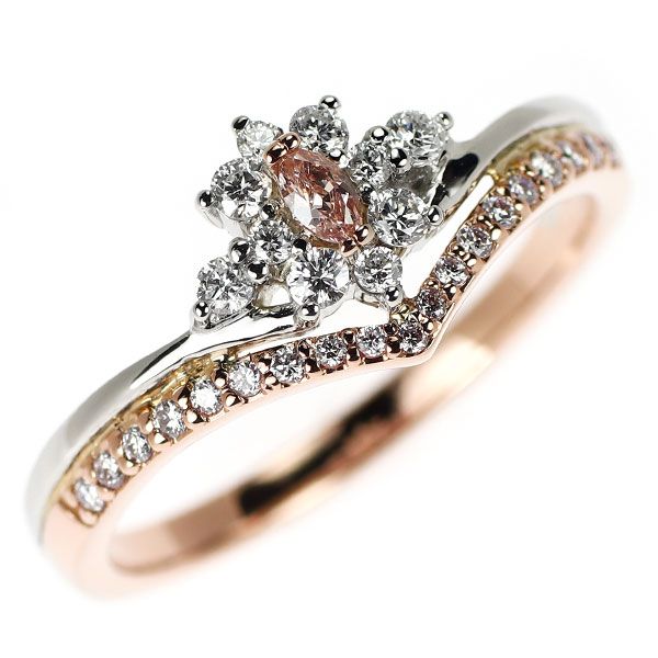 希少 GSTV K18PG/Pt950 天然ピンク/カラーレス ダイヤモンド リング