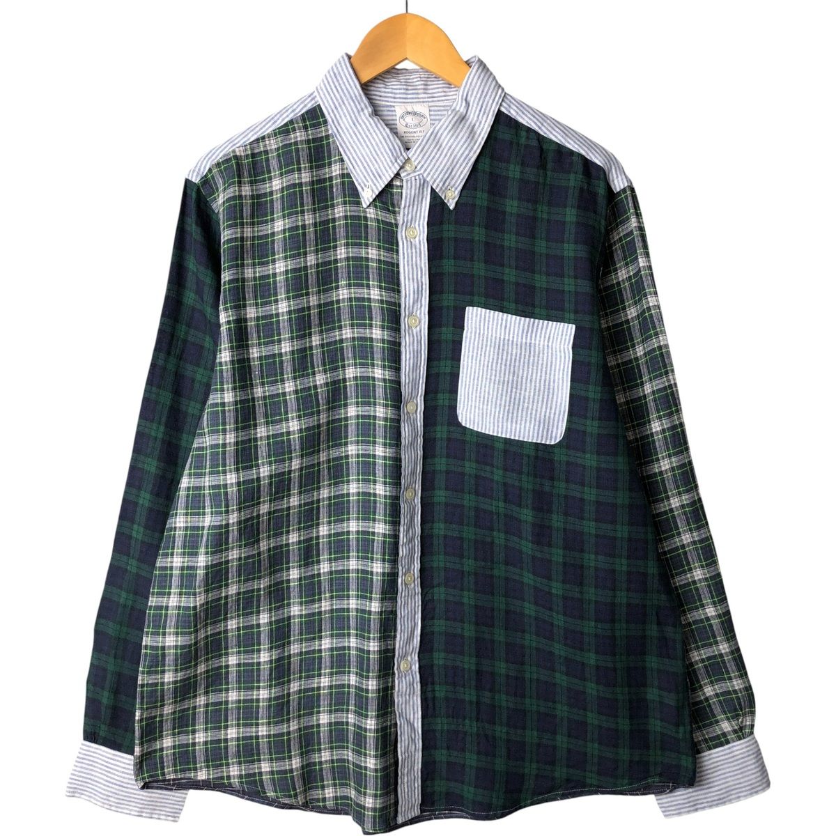 古着 ブルックスブラザーズ Brooks Brothers Est.1818 REGENT FIT チェック柄 ボーダー柄 クレイジーパターン 長袖 リネン eaa600506