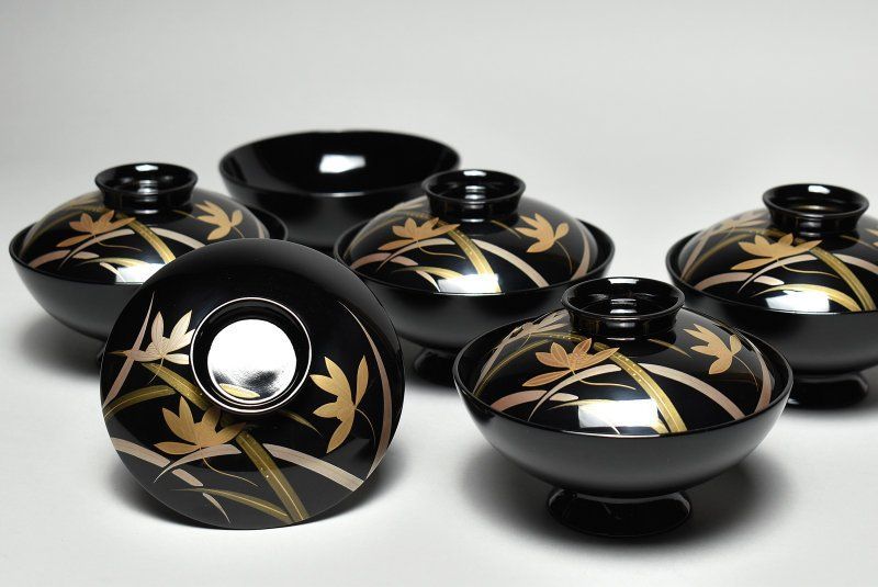 蔵A 4025 木製黒塗 租雅堂 花蒔絵 吸物椀 汁椀 蓋物 十客