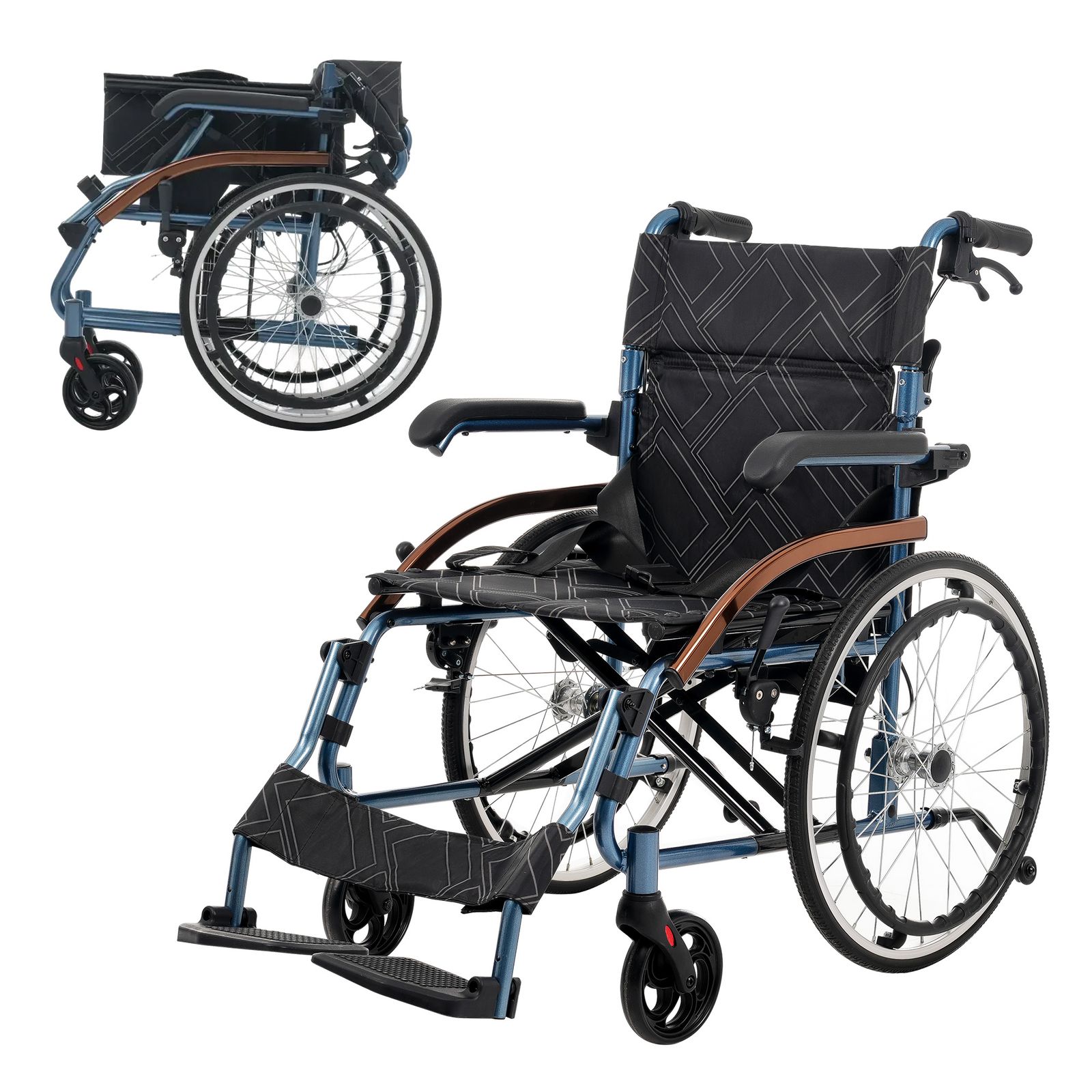 コンパクト軽量・折り畳み式車椅子・アルミ製ブレーキ付き・ノーパンクタイヤ 車椅子 アルミ製 軽量 四輪 自立可能 防水生地 ノーパンクタイヤ 介助