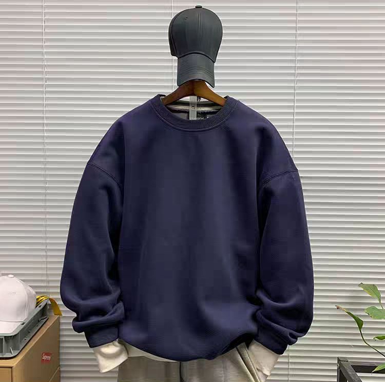 《全新未使用》スウェット メンズ クルーネック プルオーバー 春秋新作 カジュアル ゆったり系 ストリート 重厚感ある万能シンプル無地トップス(K)【ネイビー】