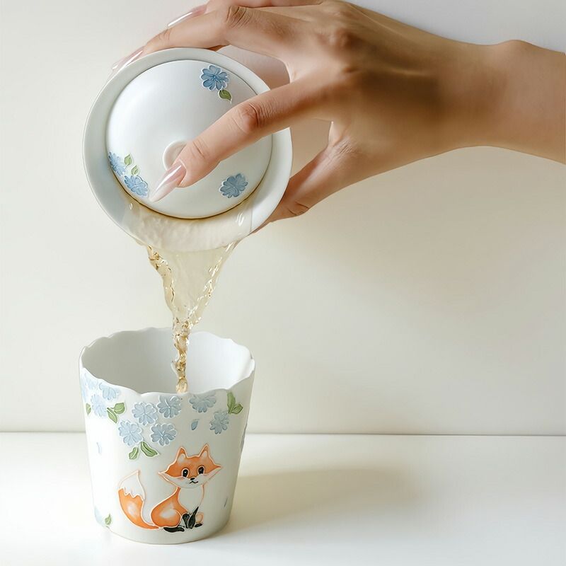 手描き 蓋碗 漫画風 宝瓶 煎茶 海棠花 茶器 小さな狐 茶碗 蓋物 スープ