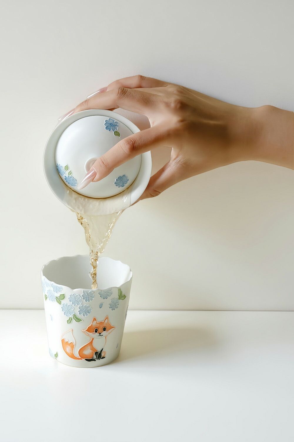 手描き 蓋碗 漫画風 宝瓶 煎茶 海棠花 茶器 小さな狐 茶碗 蓋物 スープ