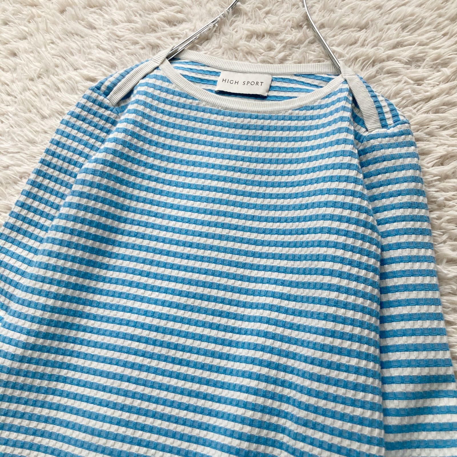 XSサイズ ブランド HIGH SPORT ハイ スポーツ 上質コットン ニットソー ライトブルー ホワイト ボーダー ボートネック ニット プルオーバー ロングスリーブ 長袖 マリン 大人カジュアル イタリア製 バーニーズニューヨーク取扱