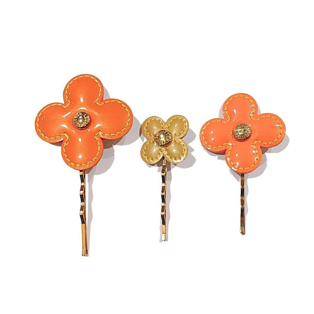 LOUIS VUITTON ルイ ヴィトン LV バレッタ フルール ヴェルニ ヘアピン 3本セット オレンジ系 M92259