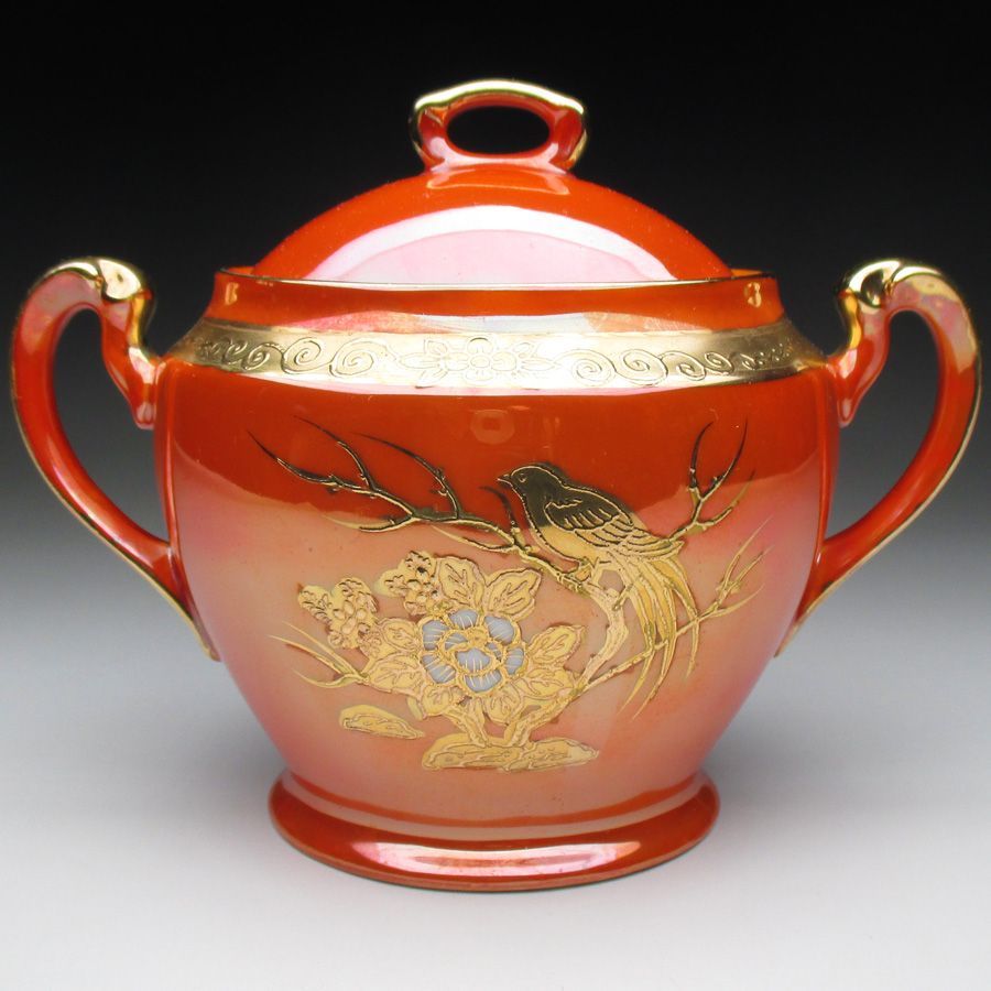 ノリタケ オレンジ色地金盛り シュガーポット 蓋物